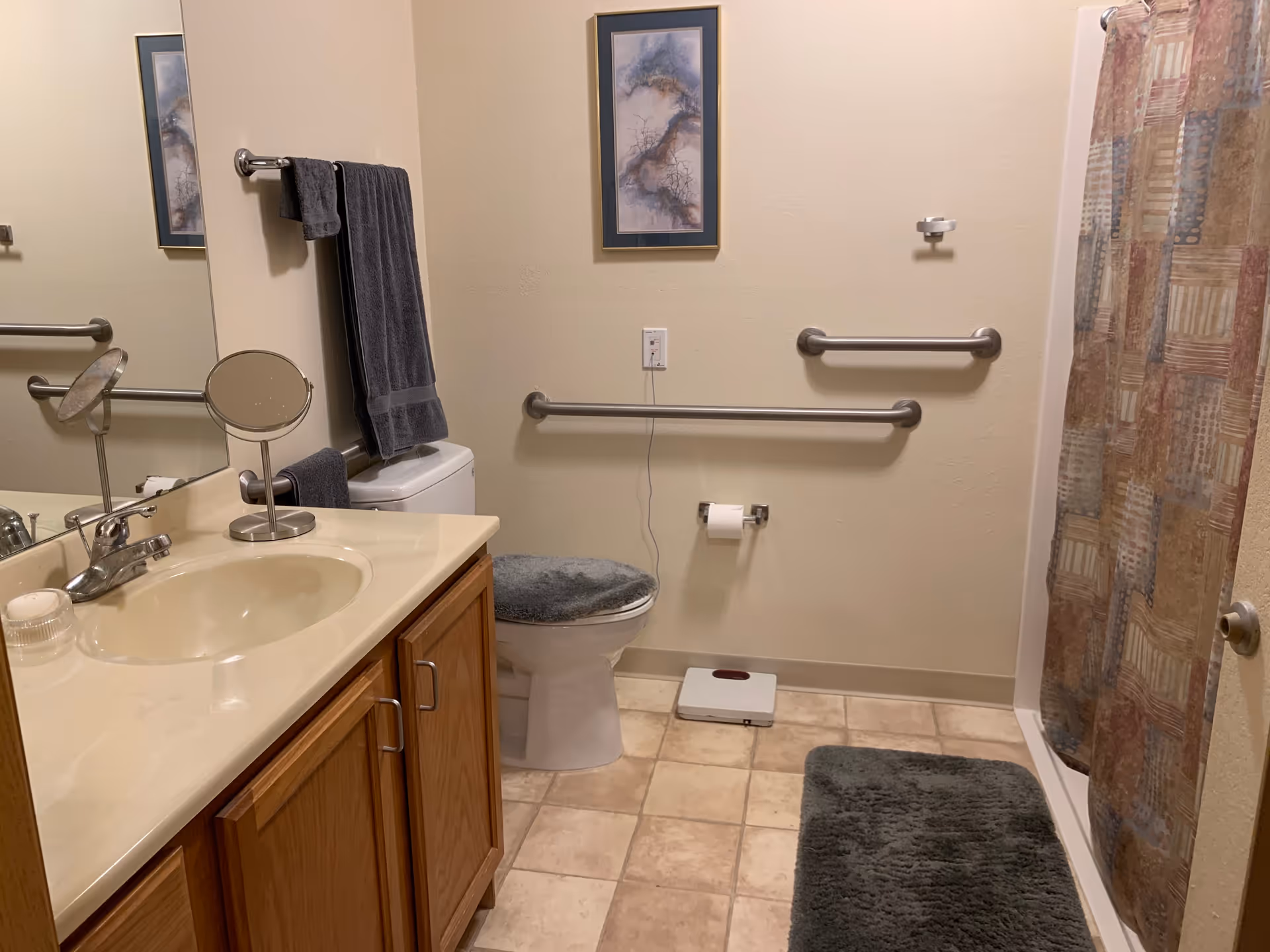 A bathroom with a beige countertop and sink on a wooden cabinet. There is a round makeup mirror on the counter. A toilet with a gray fuzzy seat cover is next to the counter. Above the toilet is a towel rack with a dark gray towel. The walls have grab bars installed for support. A framed picture hangs on the wall above the grab bars. There is a shower with a patterned curtain on the right side. The floor is tiled and has a gray bath mat in front of the shower. A white scale is on the floor near the toilet.