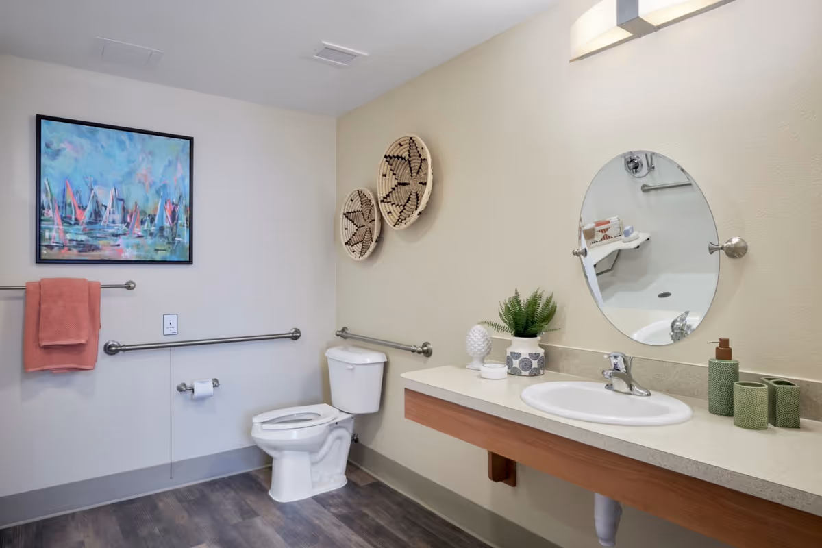 A clean and accessible bathroom featuring a white toilet with safety grab bars on the walls, a sink with a countertop decorated with a small plant, soap dispenser, and cups. There is an oval mirror above the sink, two woven wall decorations, a towel rack with a coral-colored towel, and a colorful painting of sailboats on the wall.