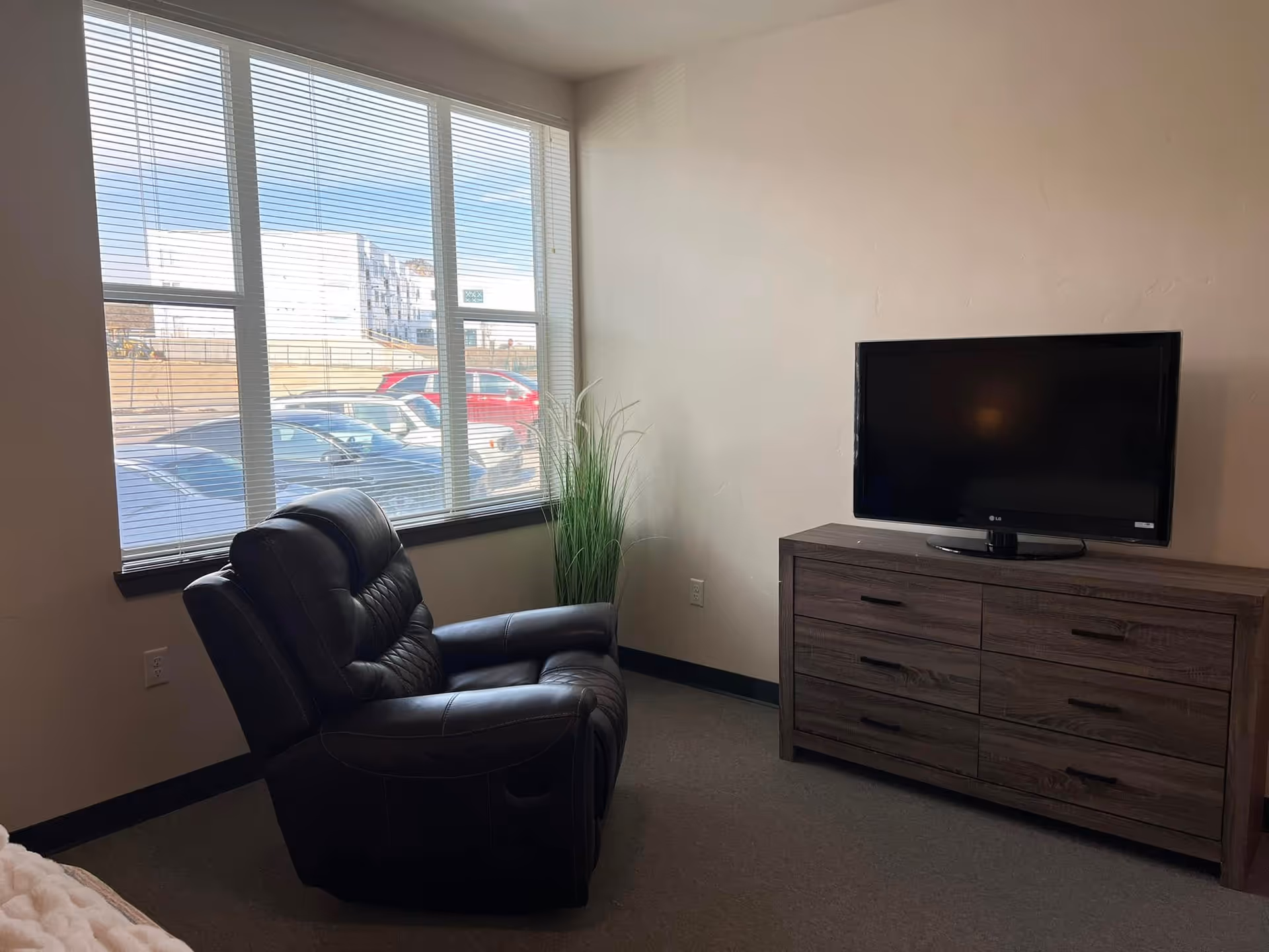 A small living area with a black leather recliner chair facing a flat-screen TV on a wooden dresser. There is a tall green plant in the corner near a large window with blinds, through which parked cars and a building outside are visible.