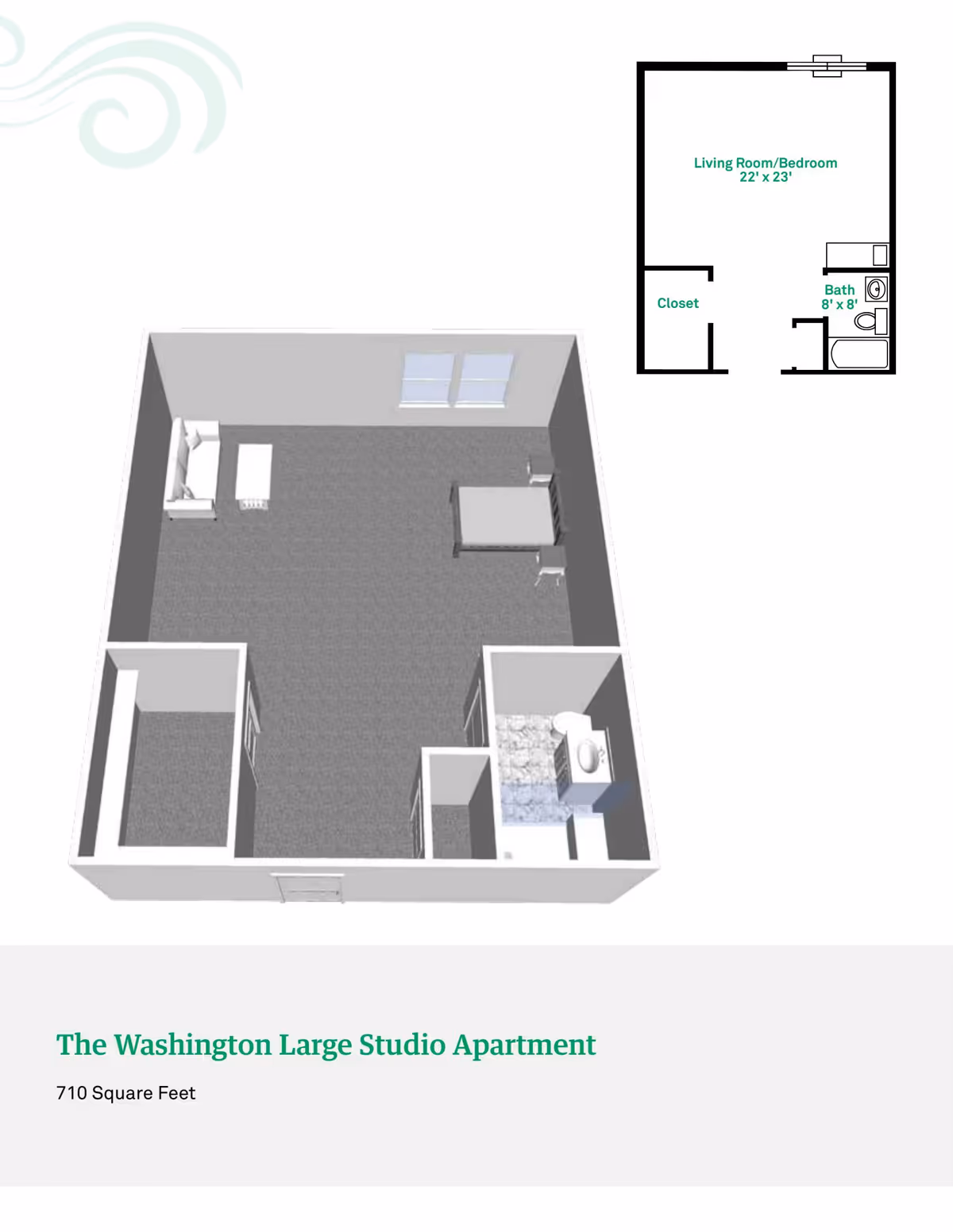3D floor plan and 2D layout of The Washington Large Studio Apartment at Rosewalk at Lutherwoods, showing a combined living room and bedroom area with a sofa, coffee table, bed, and two chairs, a closet, and a bathroom with a sink, toilet, and bathtub. The apartment is 710 square feet.