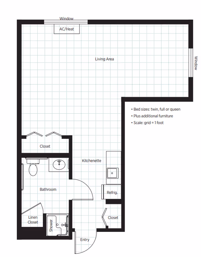 Architectural floor plan of a senior living unit at Belmont Village Senior Living Scottsdale, showing a living area, kitchenette with refrigerator, bathroom with shower, linen closet, two additional closets, and entry. The plan includes windows and an AC/Heat unit, with a grid scale representing 1 foot.