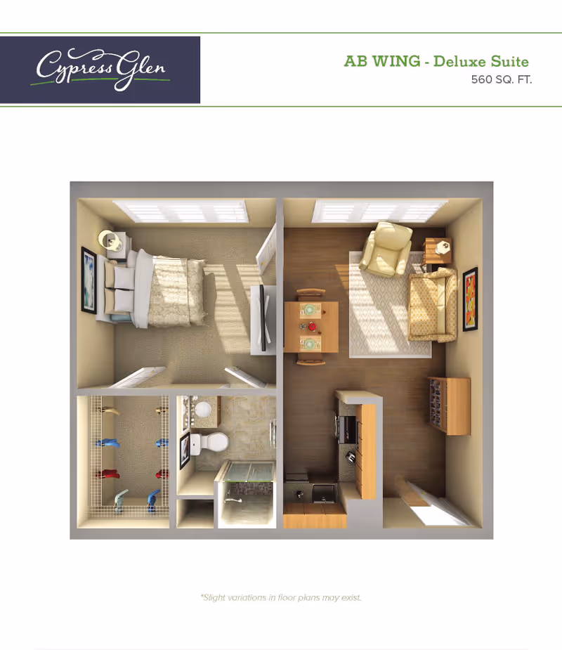 3D floor plan of a deluxe suite at Cypress Glen Retirement Community showing a bedroom with a bed and nightstand, a bathroom with a shower, toilet, and sink, a walk-in closet with hanging clothes, and a living area with a sofa, armchair, dining table with two chairs, and a kitchen with appliances and cabinets.