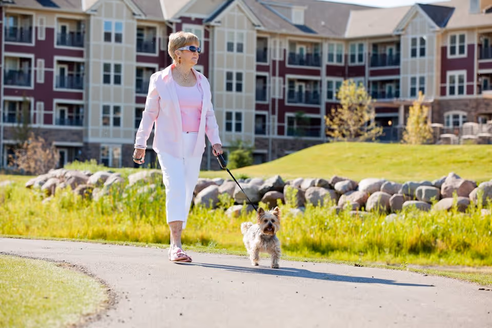 An elderly woman wearing sunglasses, a light pink jacket, and white pants is walking a small dog on a leash along a paved path. Behind her is a large multi-story residential building with balconies and numerous windows, surrounded by green grass and rocks.