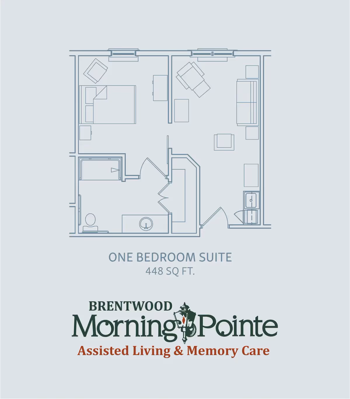 Architectural floor plan of a one bedroom suite measuring 448 square feet, showing a bedroom, living area, bathroom, and kitchenette layout.