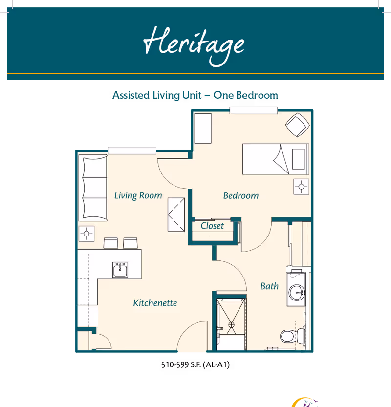 Floor plan of a one-bedroom assisted living unit named Heritage, showing a living room with sofa and TV, a kitchenette with sink and counter, a bedroom with bed and chair, a closet, and a bathroom with shower, sink, and toilet.