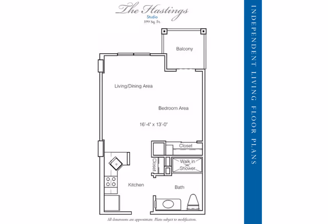 Floor plan of The Hastings studio apartment at Stratford Court of Palm Harbor, showing a 399 square feet layout with a living/dining area, bedroom area, kitchen, bath with walk-in shower, closets, and a balcony.