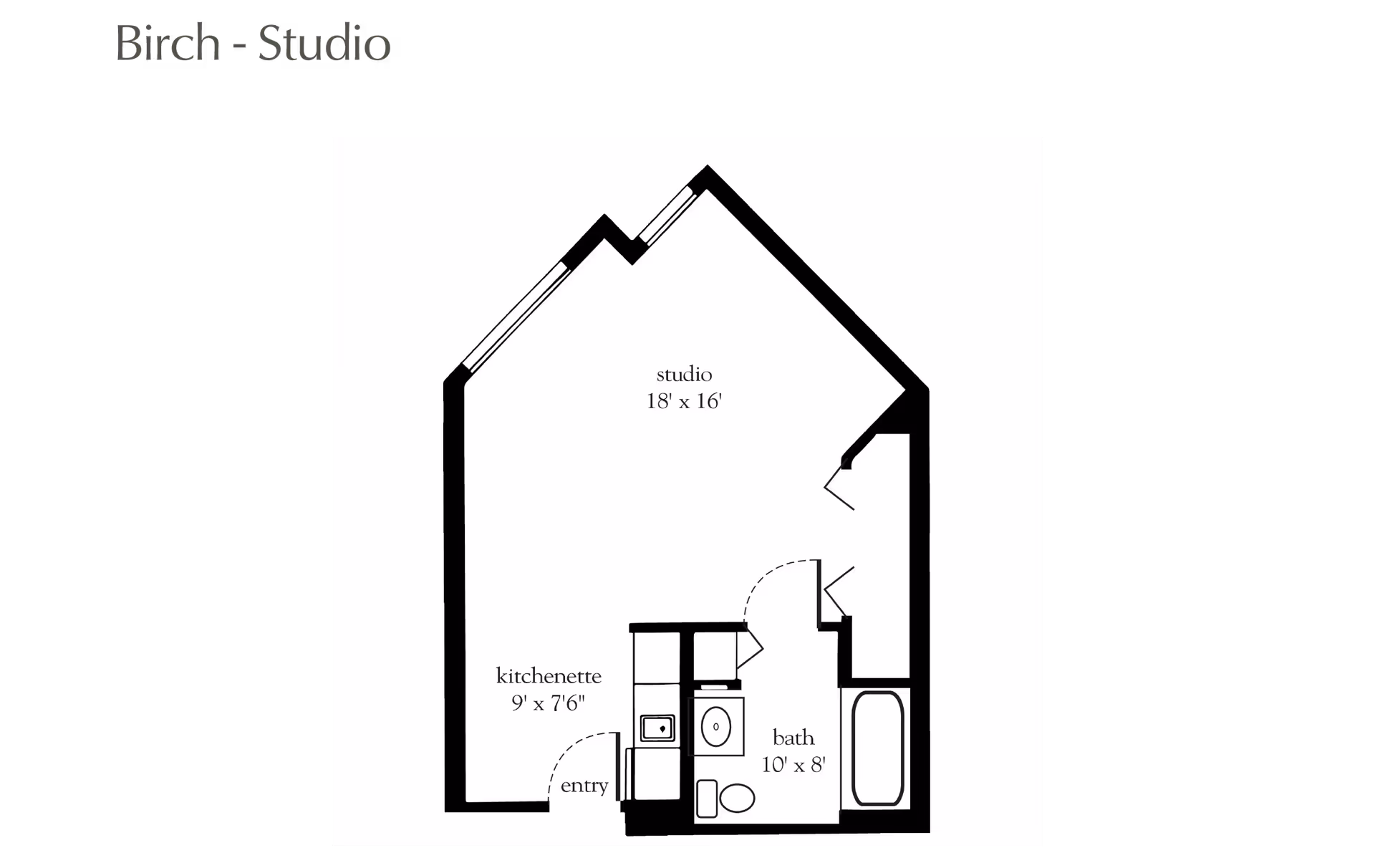 Floor plan layout of a studio apartment named Birch - Studio, showing a studio area measuring 18 feet by 16 feet, a kitchenette measuring 9 feet by 7 feet 6 inches, an entry area, and a bathroom measuring 10 feet by 8 feet with a bathtub, toilet, and sink.