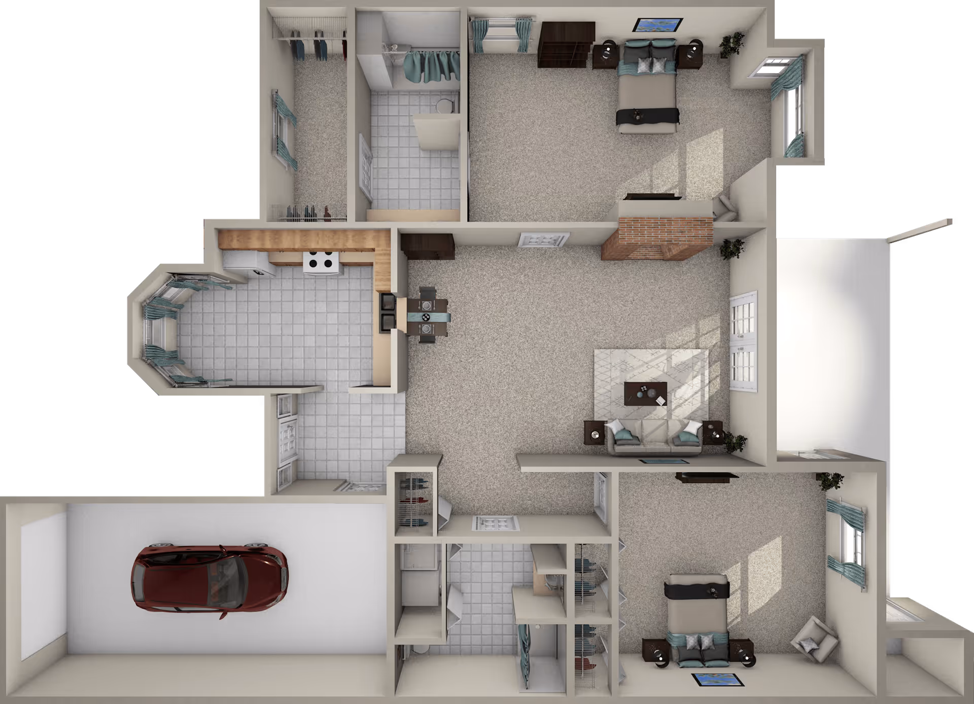 Top-down 3D floor plan of a residential unit showing two bedrooms, a living room with fireplace, a kitchen with dining area, two bathrooms, closets, and a garage with a car parked inside.