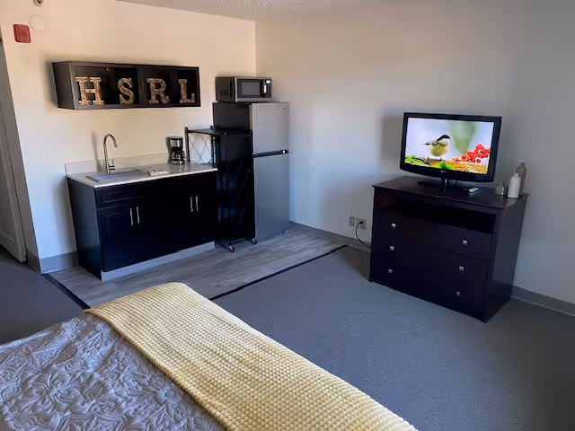 A senior living facility room featuring a bed with a yellow blanket, a small kitchenette with a sink, coffee maker, microwave, and mini refrigerator. A TV on a dark wooden dresser displays an image of a bird. The room has light-colored walls and carpeted flooring.