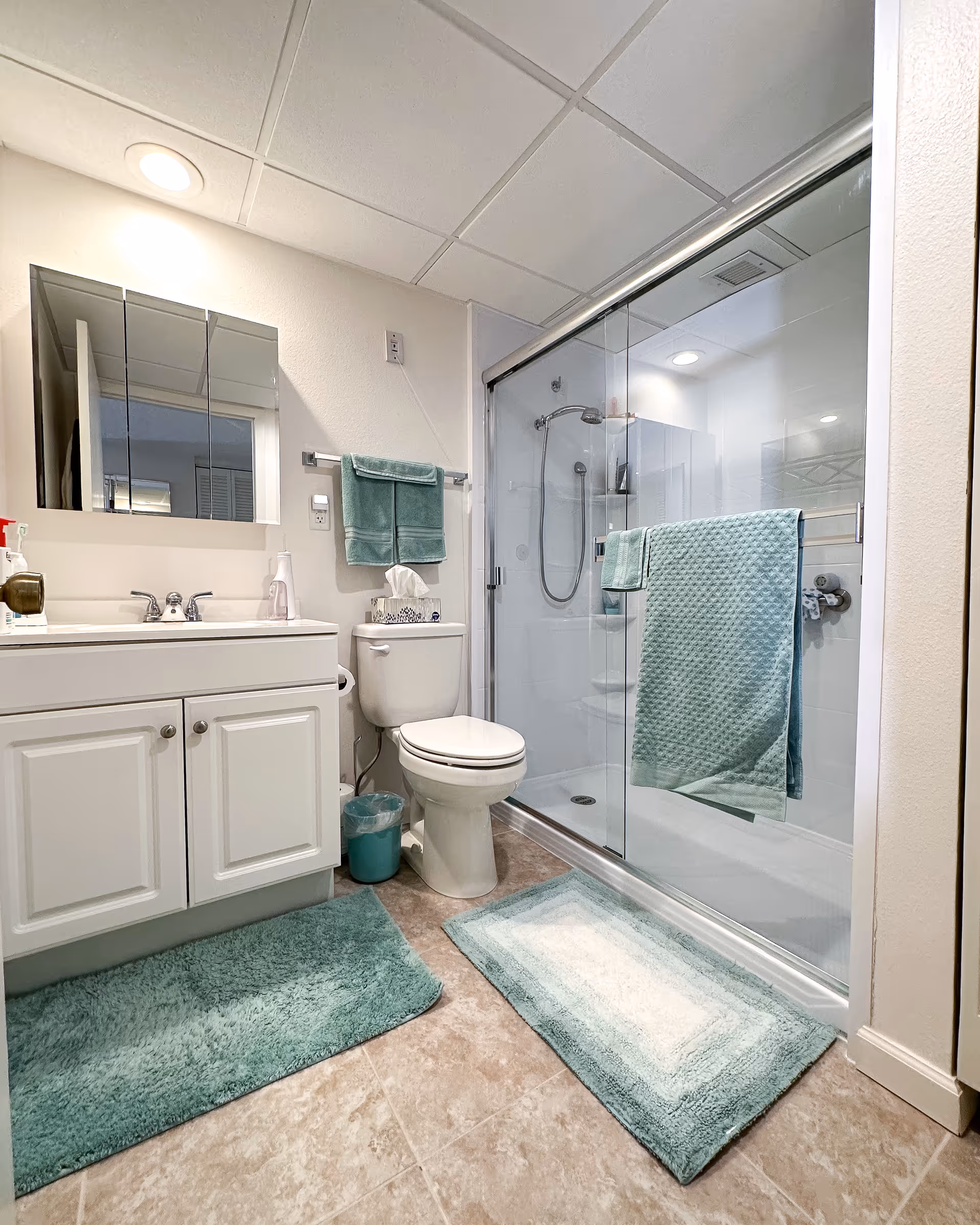 A clean bathroom with a white vanity and sink, toilet, glass-enclosed shower, and teal towels and bath mats.