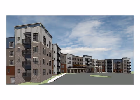 Architectural rendering of a multi-story senior living facility with a modern design, featuring multiple balconies, large windows, and a driveway in front under a partly cloudy sky.