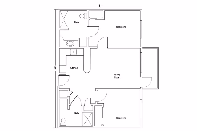 Architectural floor plan of a residential unit at Bridgeview Estates showing two bedrooms, two bathrooms, a kitchen, and a living room with dimensions.