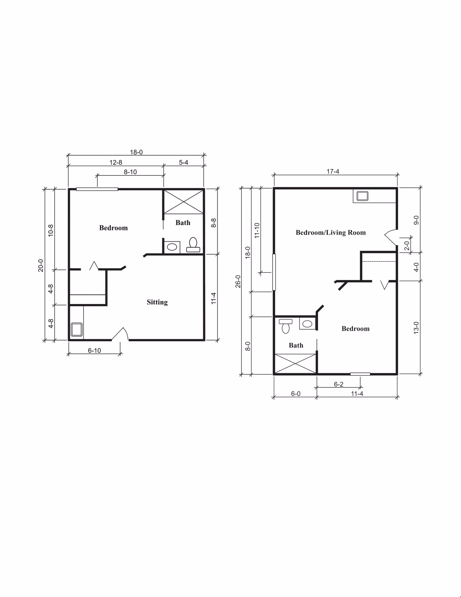 Architectural floor plan showing two layouts with labeled rooms including bedrooms, sitting area, bedroom/living room, and bathrooms with dimensions.