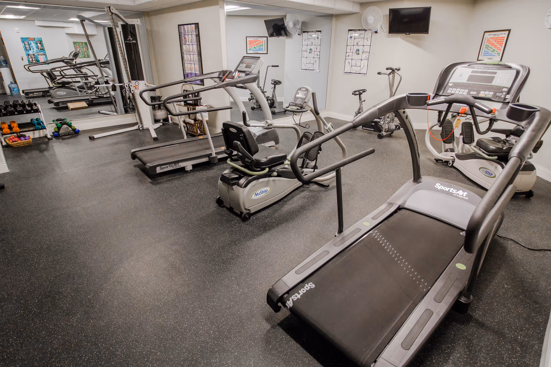 Exercise room with treadmills, stationary bikes, free weights and a mirrored wall.