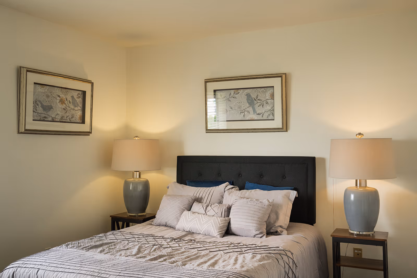 A bedroom with a neatly made bed featuring multiple pillows and a dark upholstered headboard. There are two matching bedside tables, each with a large lamp. Two framed pictures with bird illustrations hang on the walls above the bed.
