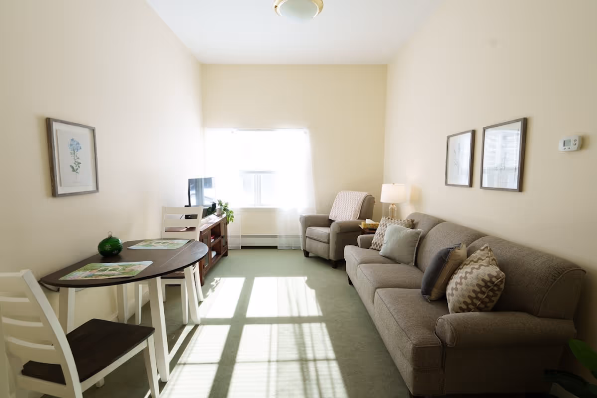 A bright living room with a large window letting in sunlight. The room features a gray sofa with multiple patterned cushions, a matching armchair with a throw blanket, a side table with a lamp, a small wooden table with two chairs, a TV on a wooden stand, and framed botanical prints on the walls.