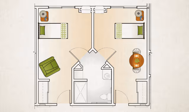 Floor plan of a living space at Porter Place showing two bedrooms, each with a bed, nightstand with lamp, and additional furniture. The left bedroom has a green armchair and a dresser, while the right bedroom has a round table with two chairs and a dresser. Between the bedrooms is a shared bathroom with a shower, toilet, and sink.