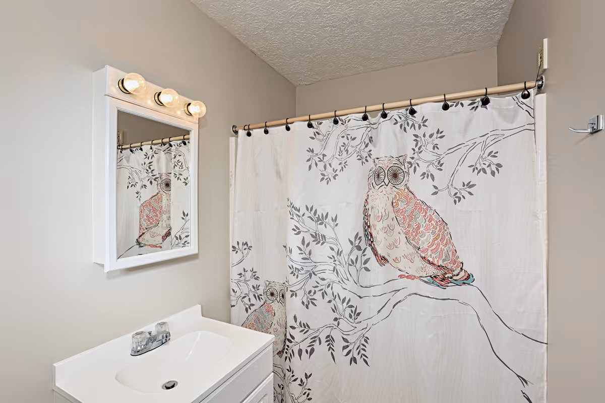 A bathroom with a white sink and vanity, a mirror with three round light bulbs above it, and a shower curtain featuring a large owl sitting on a tree branch with leaves.