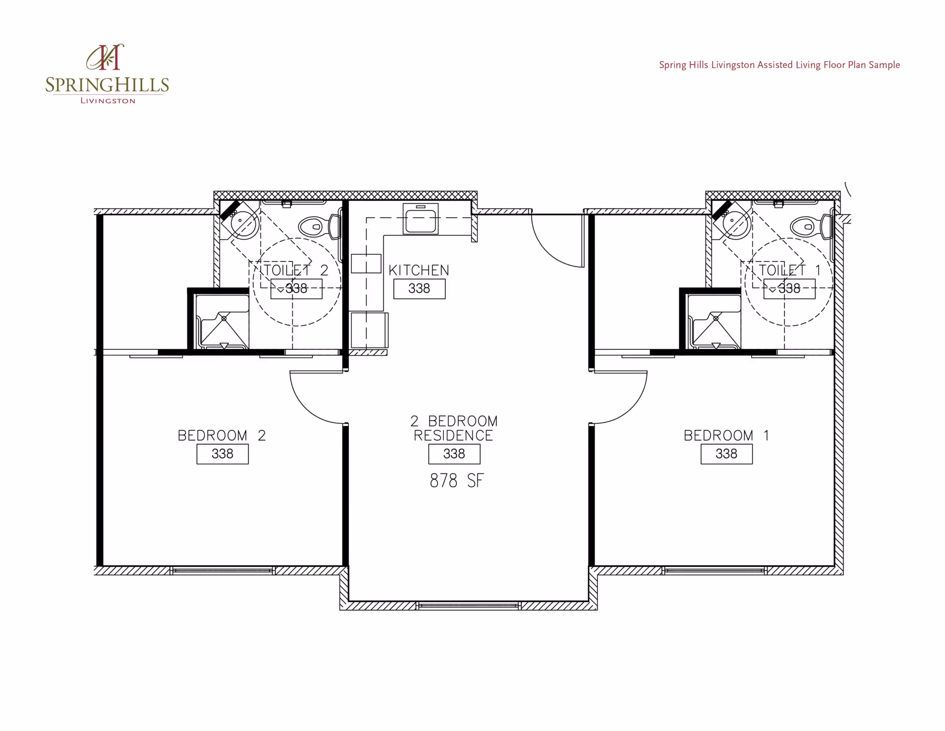Architectural floor plan of a two-bedroom residence at Spring Hills Livingston showing two bedrooms, two toilets, a kitchen, and a central living area with a total area of 878 square feet.