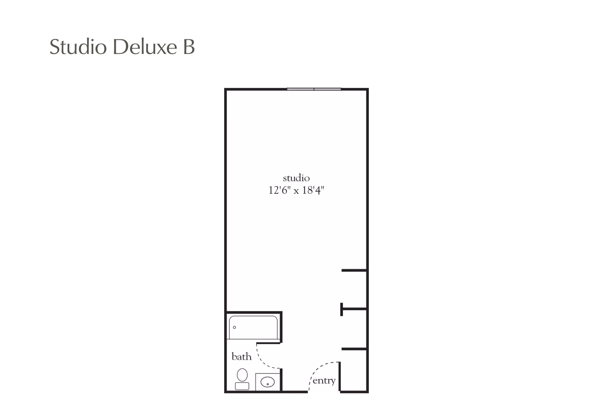 Floor plan labeled Studio Deluxe B showing a studio space measuring 12 feet 6 inches by 18 feet 4 inches, with an entry area and a bathroom including a bathtub, toilet, and sink.