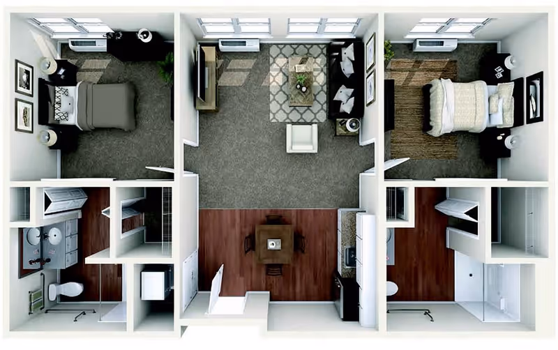 Top-down view of a two-bedroom apartment floor plan featuring two bedrooms on opposite sides, a central living room with a sofa, armchair, coffee table, and TV, a dining area with a table and four chairs, a kitchen with appliances, and two bathrooms each with a shower, toilet, and sink.