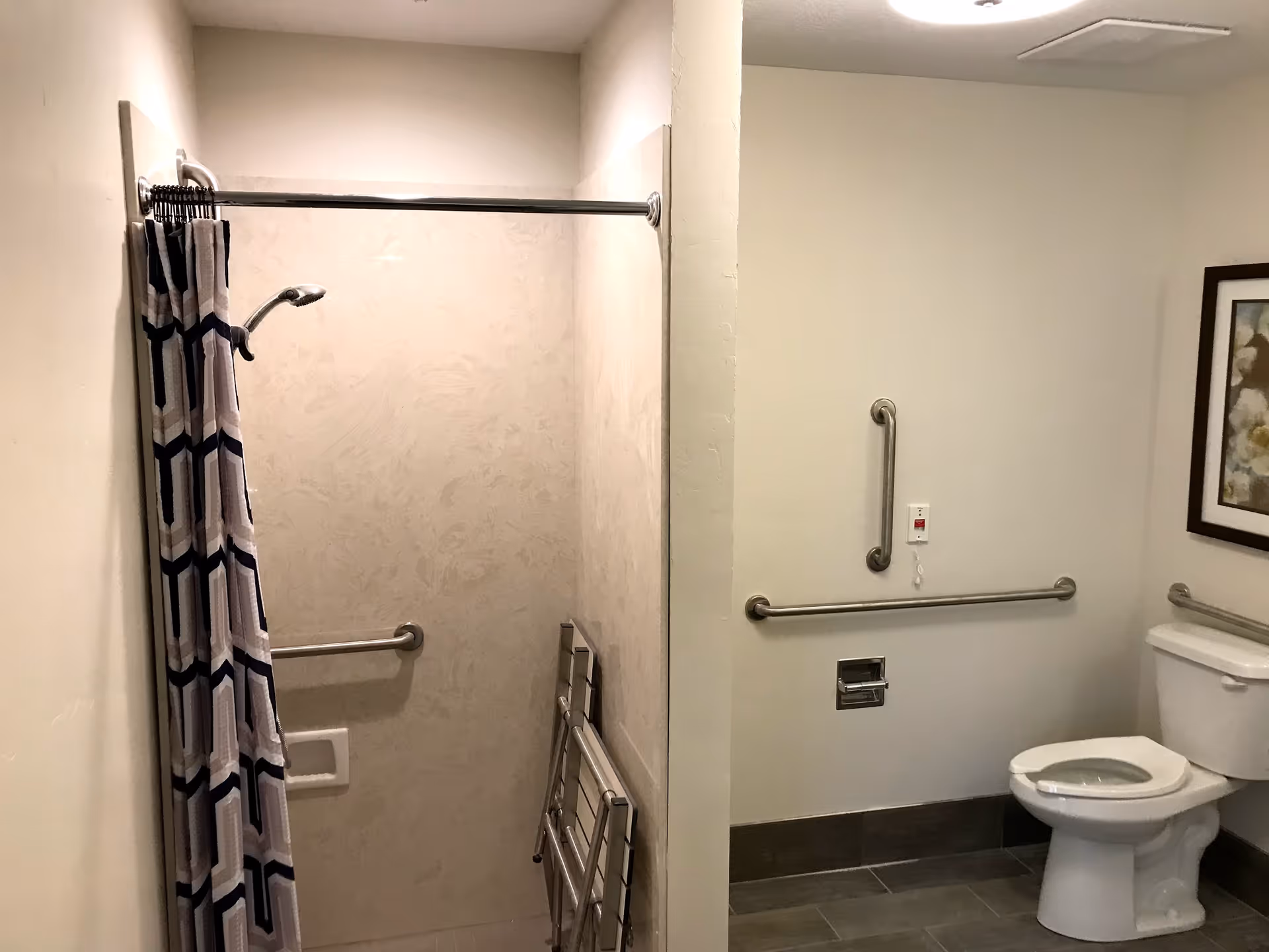 A bathroom with a shower area on the left featuring a shower curtain with a geometric pattern and grab bars. On the right, there is a toilet with grab bars on the walls around it and a framed floral picture above the toilet. The floor is tiled in a dark color.