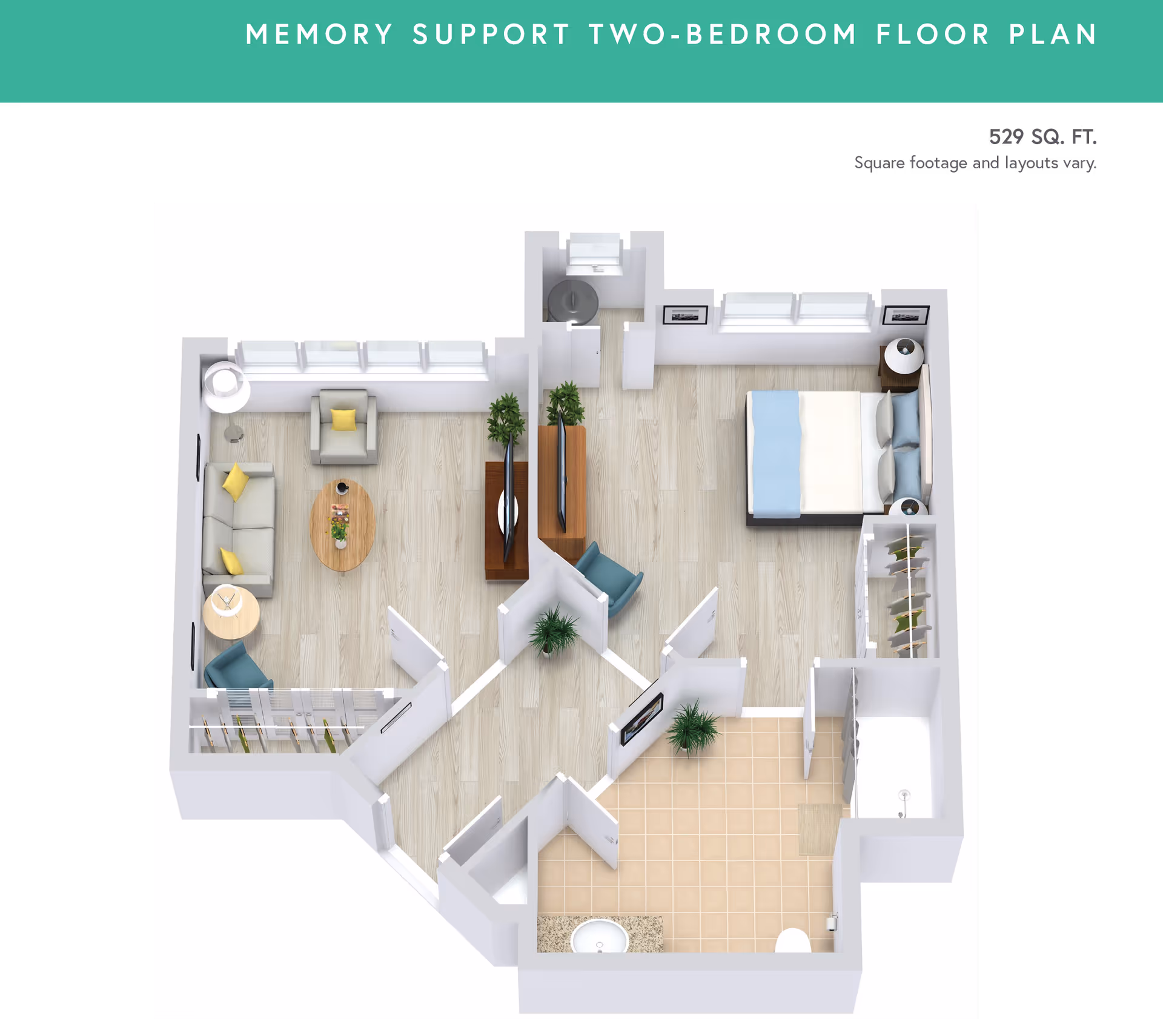 3D floor plan of a memory support two-bedroom apartment with 529 square feet. The layout includes a living room with sofa, armchair, coffee table, and TV, a bedroom with a bed, nightstands, and closet, and a bathroom with a sink, toilet, and shower. There are plants and framed pictures decorating the space.