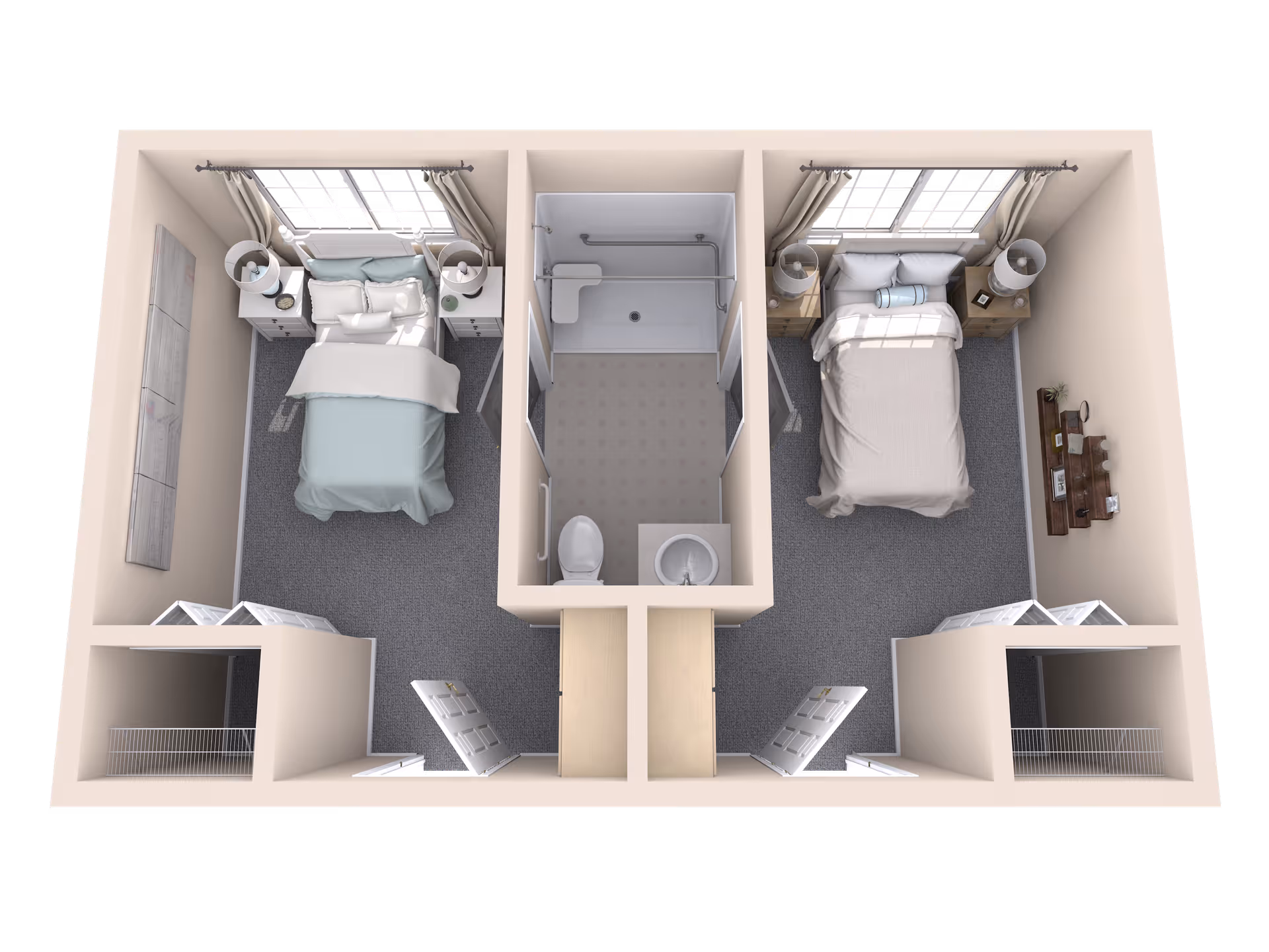 3D floor plan showing two bedrooms separated by a central bathroom. Each bedroom has a bed, nightstands with lamps, windows with curtains, and closets. The bathroom includes a toilet, sink, and shower with grab bars and a fold-down seat.
