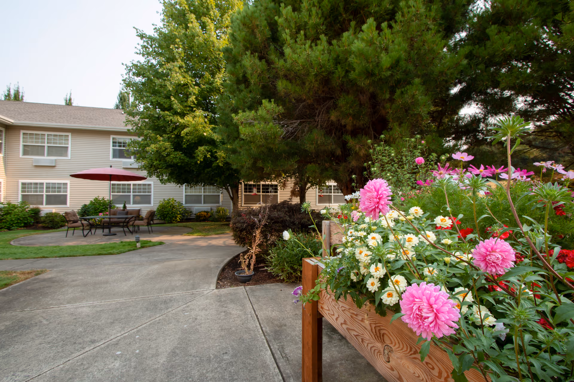 Outdoor garden area at Oak Park Senior Living by Cogir featuring a raised wooden planter filled with colorful flowers including pink and white blooms. In the background, there is a paved walkway, patio furniture with an umbrella, green trees, and a beige two-story building with multiple windows.