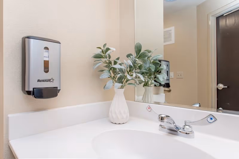 A clean bathroom sink area with a white countertop, a silver faucet with hot and cold handles, a white vase with green leafy plants, a wall-mounted soap dispenser labeled Renown, and a mirror reflecting part of the room including a dark-colored door.