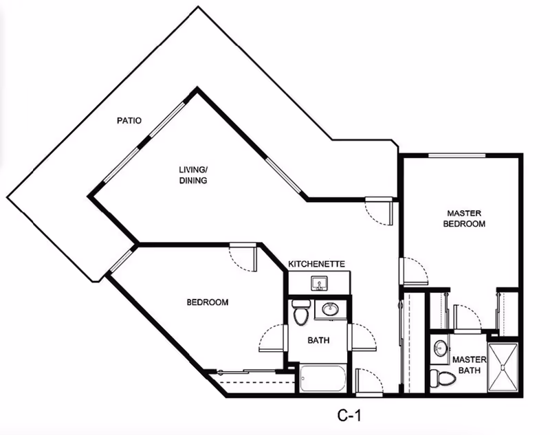 Black-and-white floor plan labeled C-1 showing a two-bedroom unit with a living/dining area, patio, kitchenette, and two bathrooms.