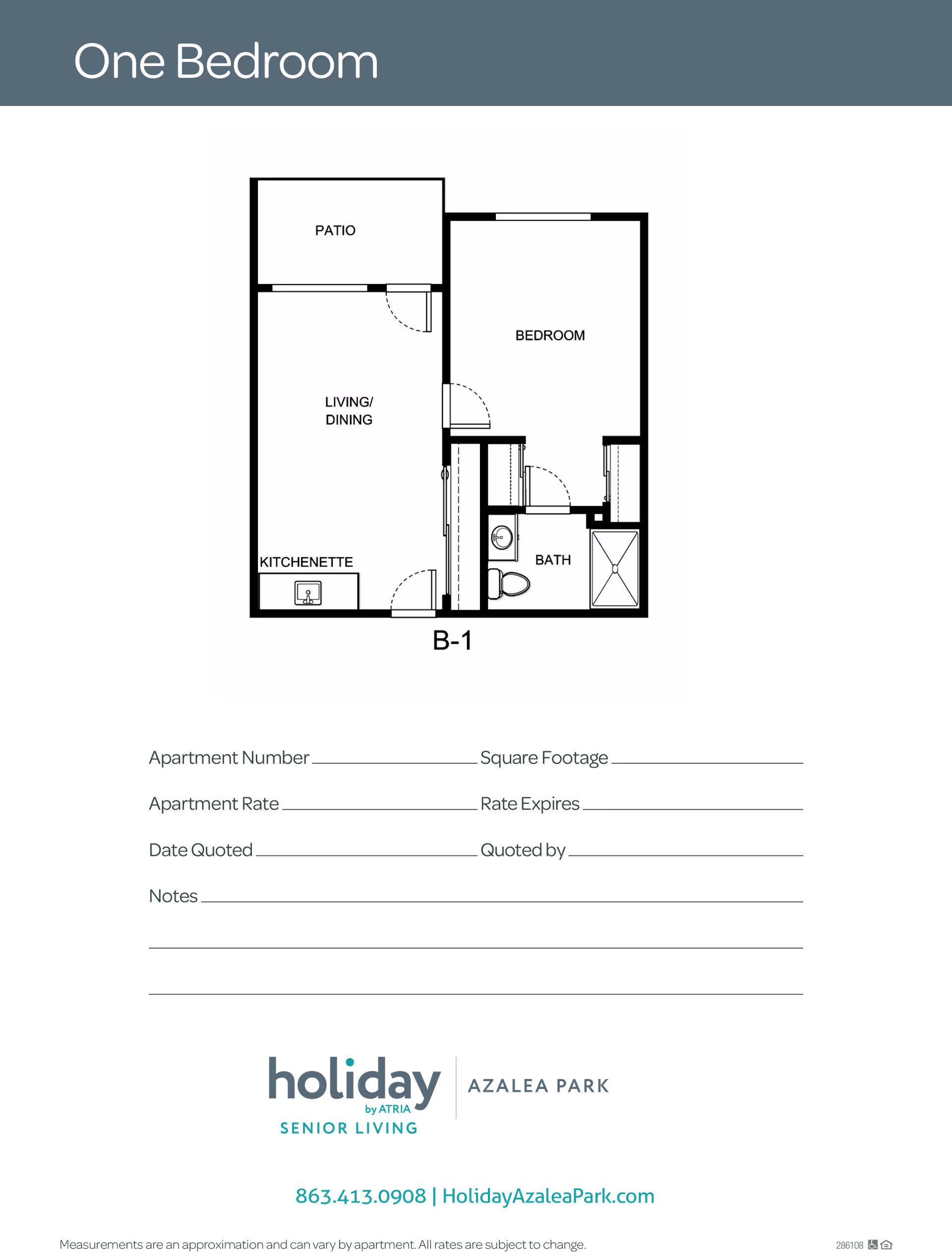 One-bedroom floor plan (B-1) showing a bedroom, living/dining area, kitchenette, bathroom and patio.