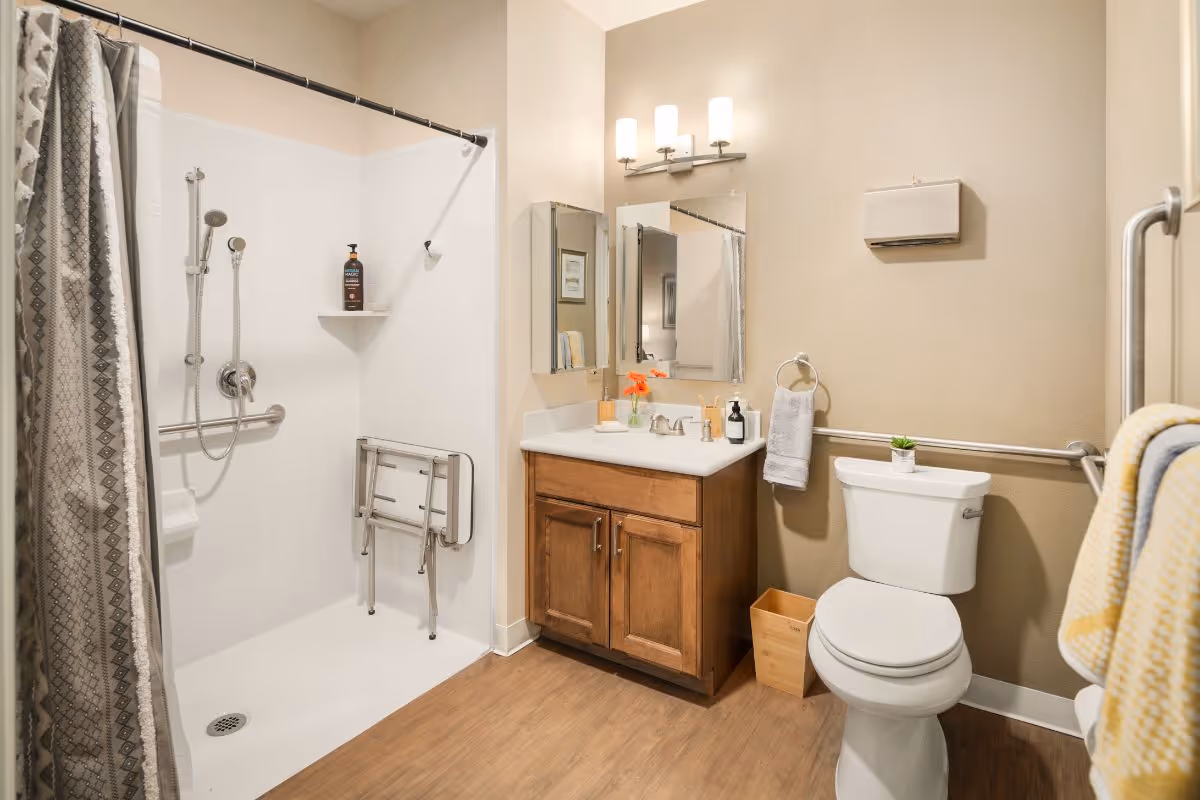 Accessible bathroom with a walk-in shower and fold-down seat, wooden vanity with mirror, and a toilet with grab bars.