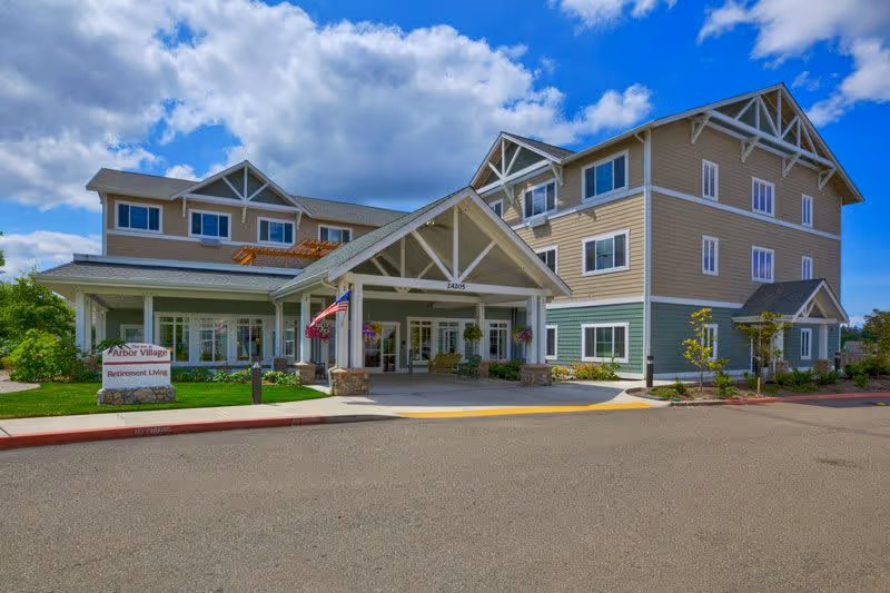 Exterior view of Arbor Village Senior Living facility showing a large, multi-story building with beige and green siding, white trim, and a covered entrance with stone pillars. The sky is partly cloudy and there is a sign near the entrance that reads 'Arbor Village Retirement Living'.
