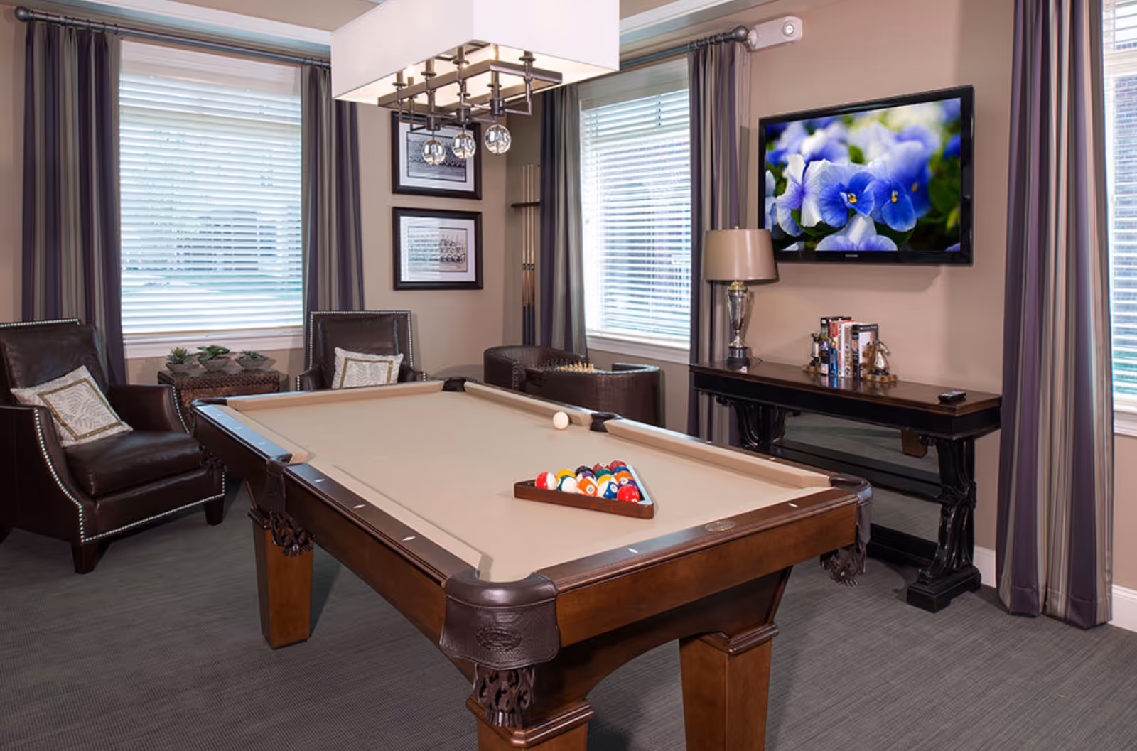 A well-lit game room with a pool table in the center, two leather armchairs with pillows, a small table with plants, a wall-mounted TV displaying a close-up image of blue and white flowers, a lamp on a console table with books and decorative items, and two windows with blinds and curtains.