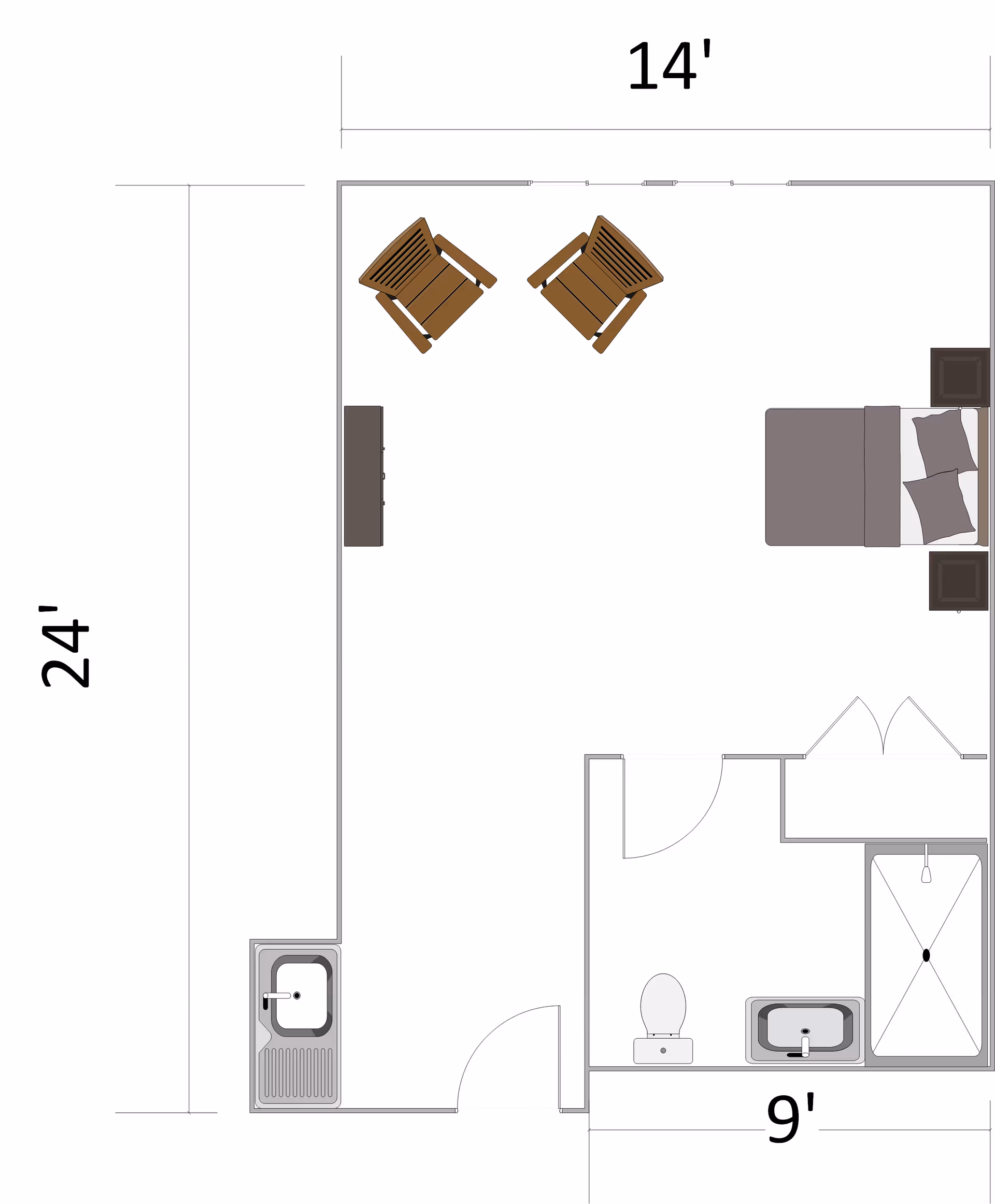 Floor plan of a room measuring 14 feet by 24 feet, featuring a bed with two pillows and two nightstands on the right side, two chairs and a small table near the top left, a sink in the bottom left corner, and a bathroom area with a toilet, sink, and shower on the bottom right.