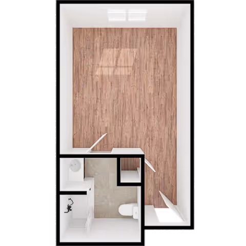 Top-down view of a small apartment floor plan featuring a main living area with wood flooring and two windows, and a separate bathroom with a toilet, sink, and shower area.