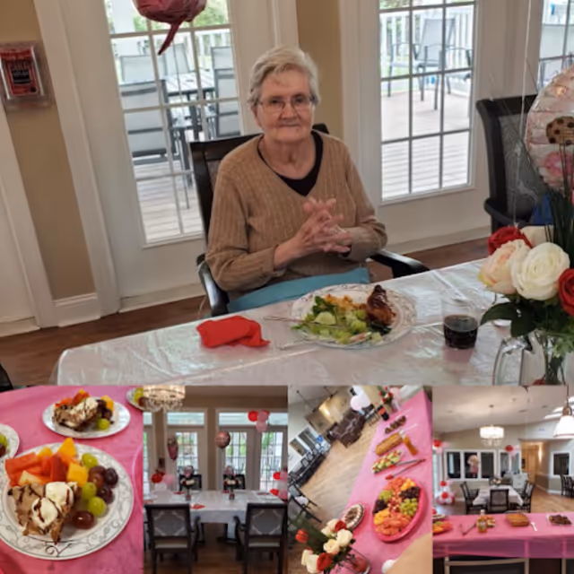 An elderly woman sitting at a dining table with a plate of food including salad and chicken, a glass of dark beverage, and a bouquet of red and white roses. The room has large windows and glass doors leading to an outdoor area. Additional smaller images show dessert plates with fruit and ice cream, a decorated dining area with balloons, and a buffet table with various foods.