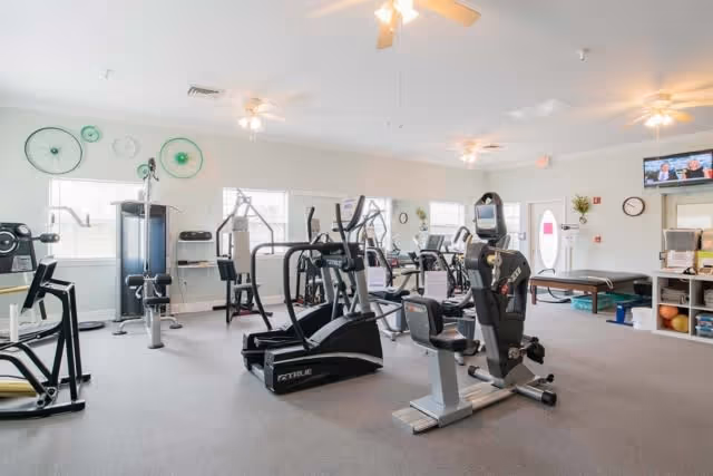 A bright and spacious fitness room with various exercise equipment including treadmills, stationary bikes, and weight machines. The room has large windows letting in natural light, ceiling fans, and a television mounted on the wall. There are decorative circular wall hangings and shelves with fitness accessories.