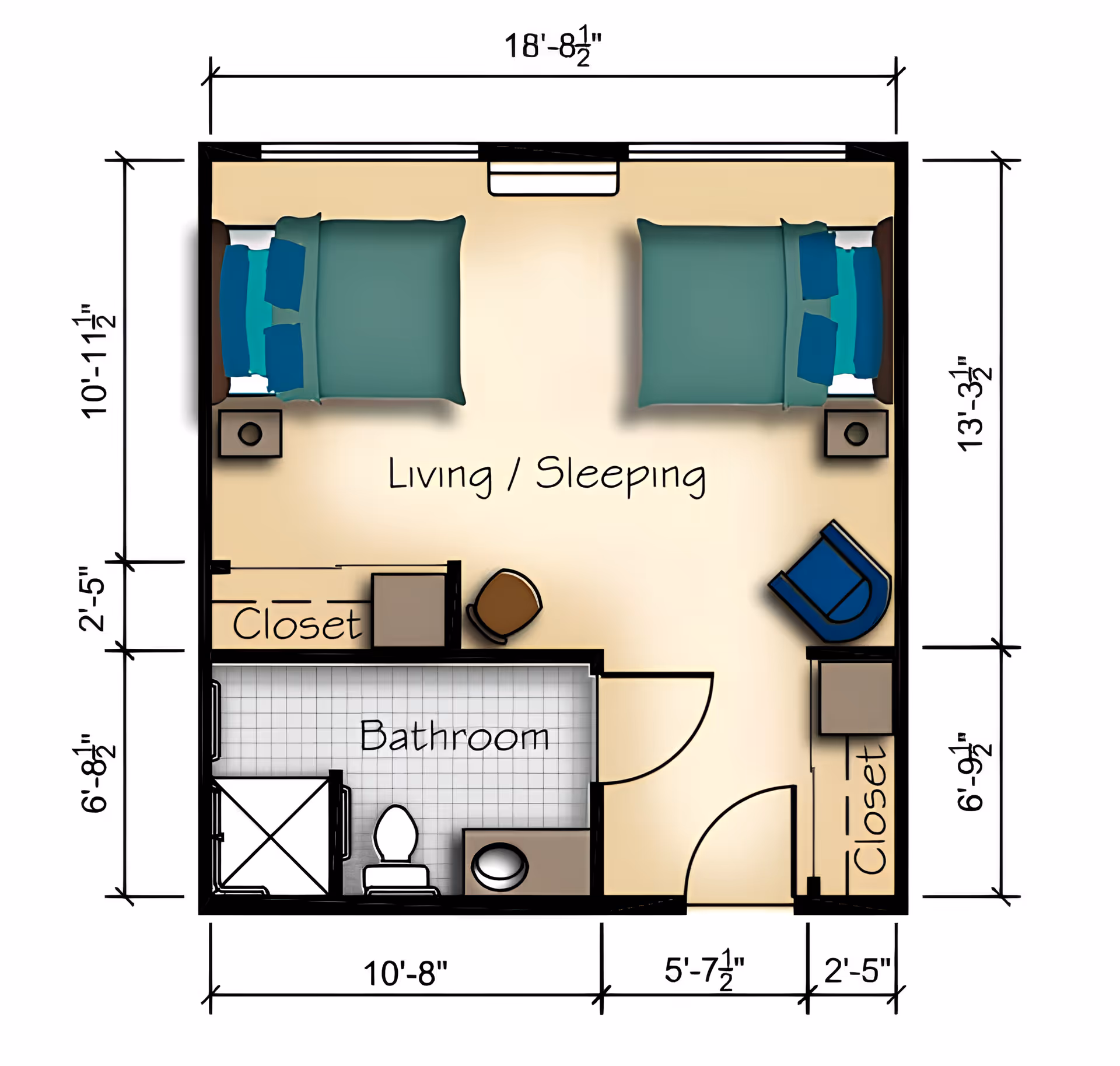 Floor plan of a living and sleeping area with two beds, two closets, a bathroom with a shower, toilet, and sink, and a small seating area with a chair and desk.