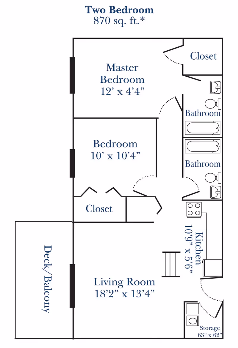 Floor plan of a two-bedroom apartment with 870 square feet. It includes a master bedroom measuring 12 feet by 4 feet 4 inches, a second bedroom measuring 10 feet by 10 feet 4 inches, two bathrooms, a kitchen measuring 10 feet 9 inches by 5 feet 6 inches, a living room measuring 18 feet 2 inches by 13 feet 4 inches, closets, a storage area, and a deck/balcony.