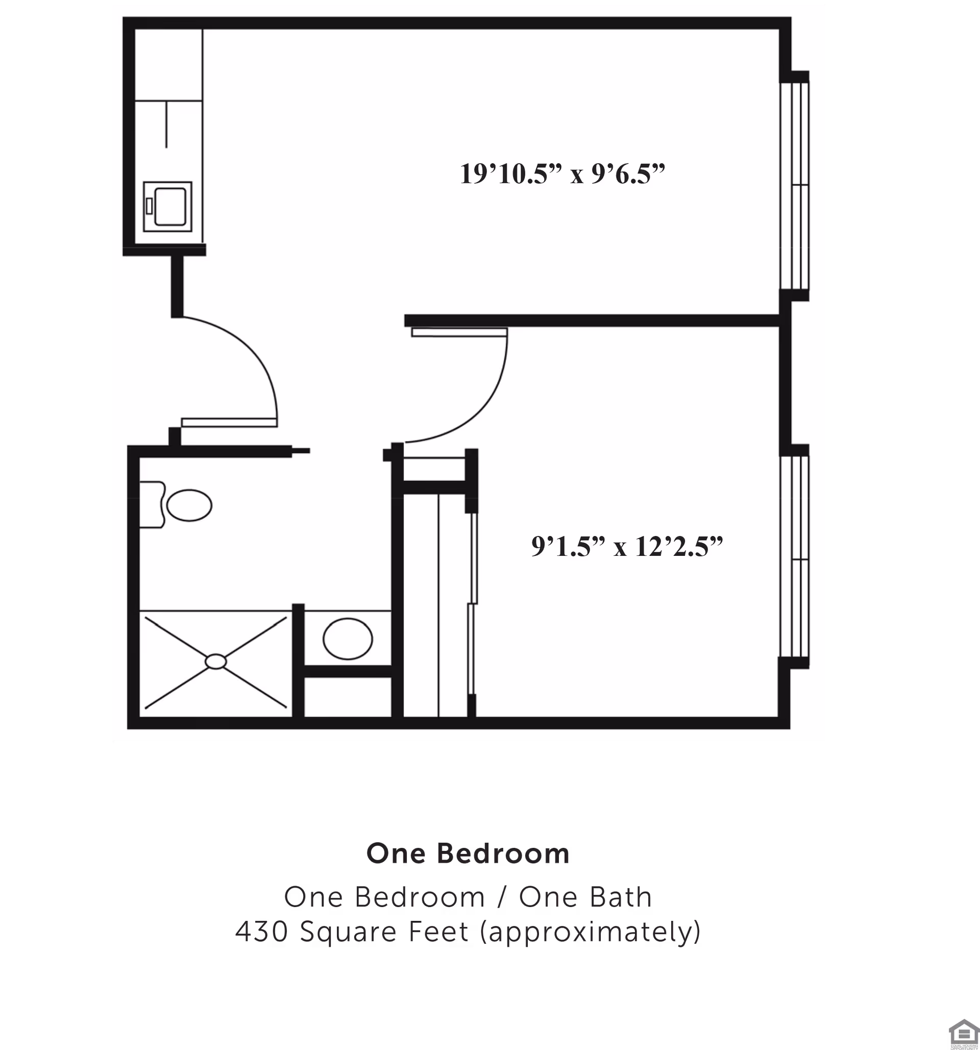 Black-and-white one-bedroom floor plan showing a bedroom, living area, bathroom, kitchenette and room dimensions.