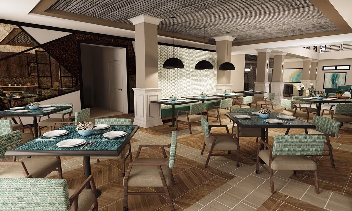 Spacious, well-lit dining room with multiple set tables and teal-green chairs arranged throughout the room.