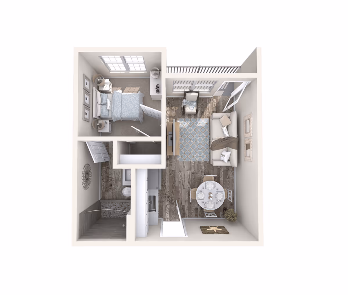 Top-down 3D floor plan of a one-bedroom apartment showing a bedroom, bathroom, kitchen, dining area, living room, and balcony.