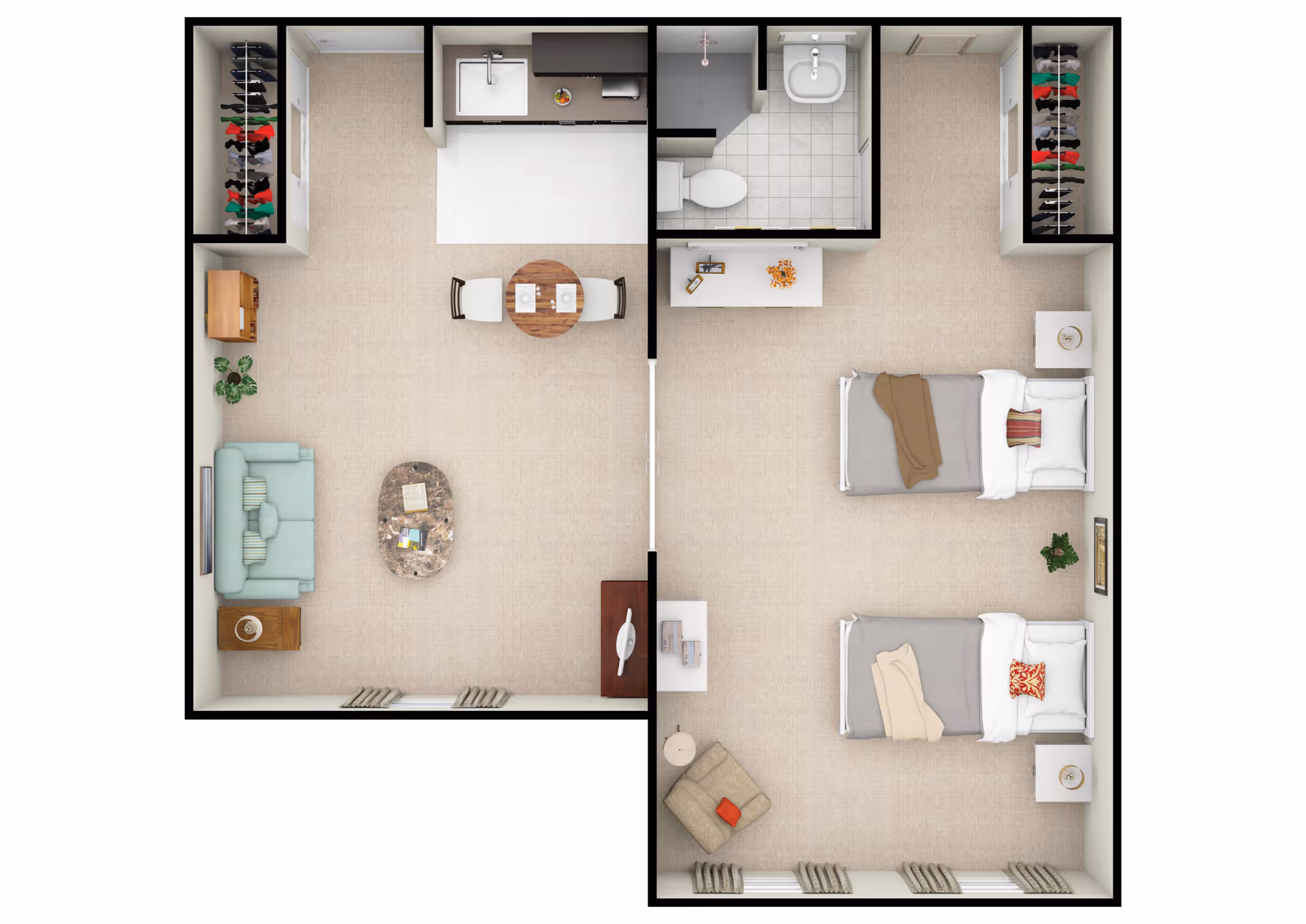 Top-down floor plan of a senior living apartment featuring a living room with a sofa, coffee table, TV, and small dining table with two chairs. Adjacent kitchen area with sink and counter space. A bathroom with a toilet and sink is centrally located. The bedroom has two single beds, two nightstands, a chair, a small desk, and two closets.