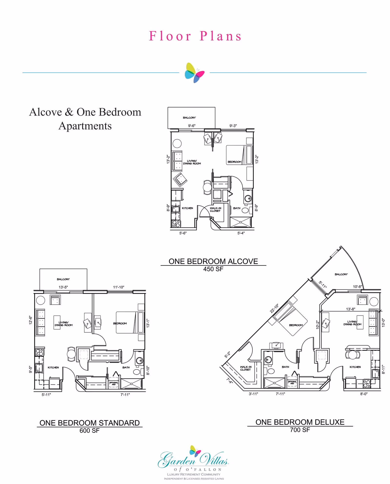 Floor plans for Alcove and One Bedroom Apartments at Garden Villas of O’Fallon, showing layouts for One Bedroom Alcove (450 SF), One Bedroom Standard (600 SF), and One Bedroom Deluxe (700 SF) with labeled rooms including living/dining room, kitchen, bedroom, bath, walk-in closet, and balcony.