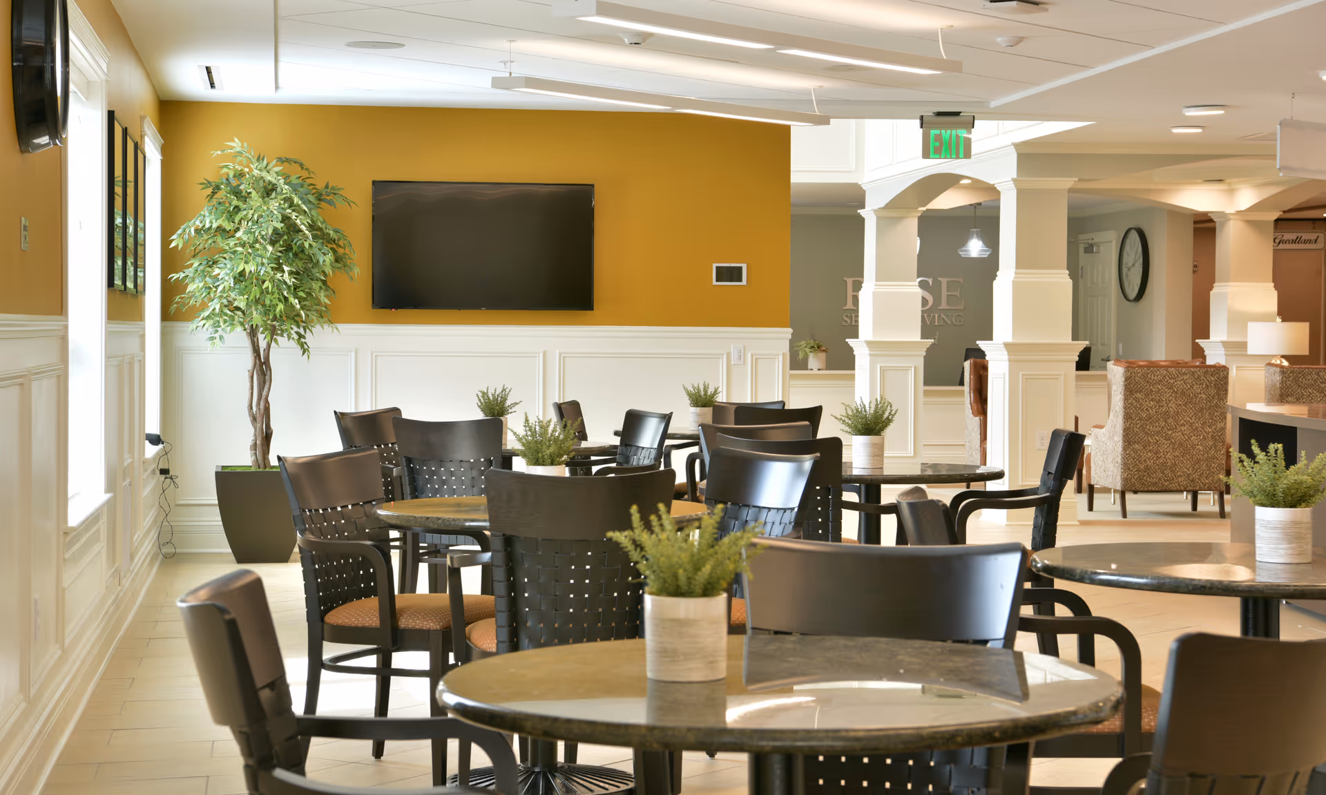 A bright and spacious dining area in a senior living facility with multiple round tables and black chairs. Each table has a small potted plant. The walls are painted white with a mustard yellow accent wall featuring a mounted flat-screen TV. There is a large potted plant near the window, and the room has white pillars and an exit sign in the background.
