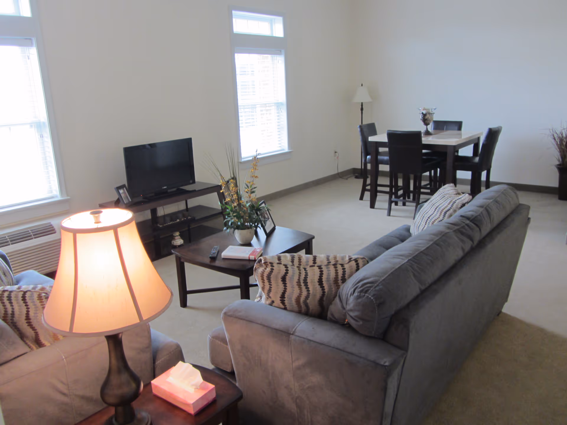 Bright living room with a sofa, coffee table, TV, floor lamp, and a dining table in the background.