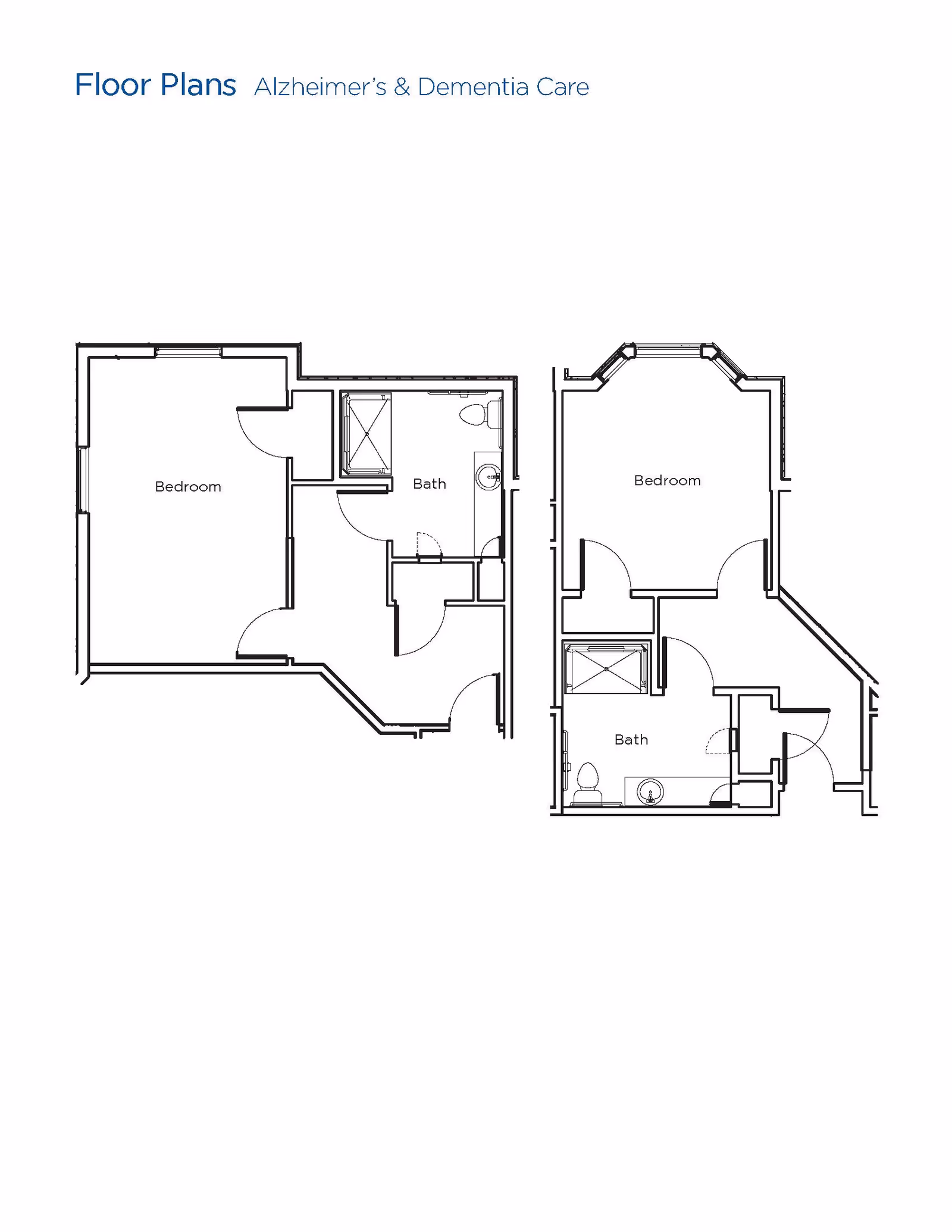 Architectural floor plans showing two layouts for Alzheimer's and Dementia Care units, each with a bedroom and a bathroom.