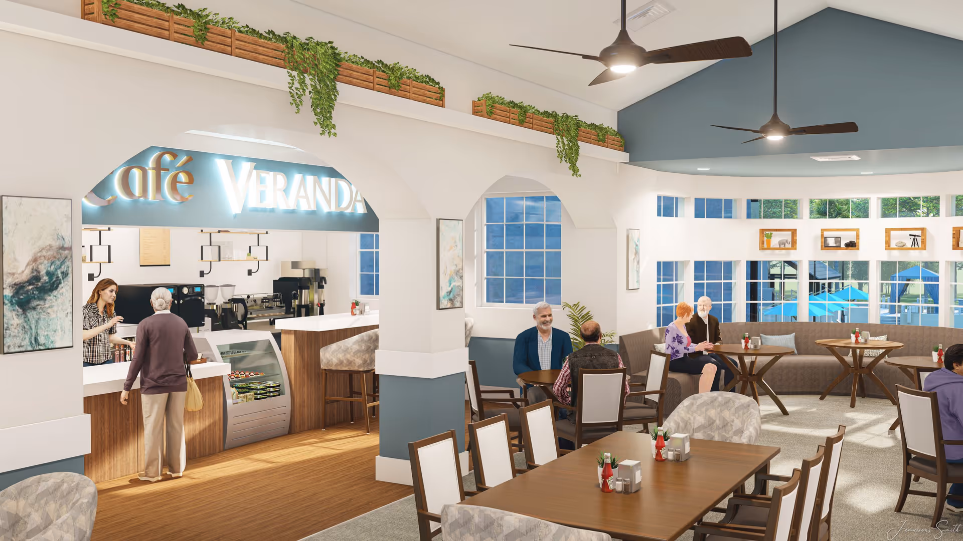 Interior view of a bright and spacious café area named Café Veranda with several elderly people sitting at tables and chatting. The café counter has a staff member serving a customer. The room features large windows, ceiling fans, potted plants, and modern decor with wooden furniture and light-colored walls.